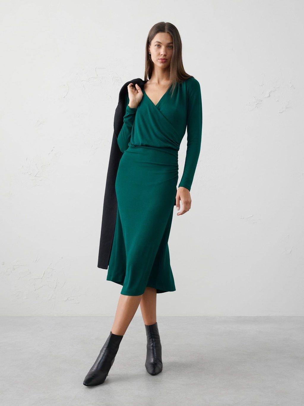 Emerald Green Wrap Dress With Draped Black Coat Emerald Green Wrap Dress With Draped Black Coat — Winter Dinner Outfits 2027