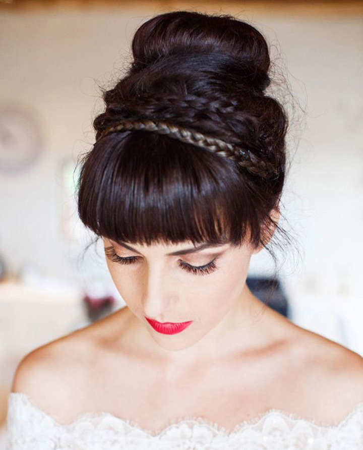 Light Brown Updo With Voluminous Blunt Bangs Light Brown Updo With Voluminous Blunt Bangs — Wedding Bangs 2027