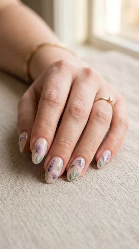 Nude Base with Pastel Floral Motifs — Pastel Oval Nails 2027