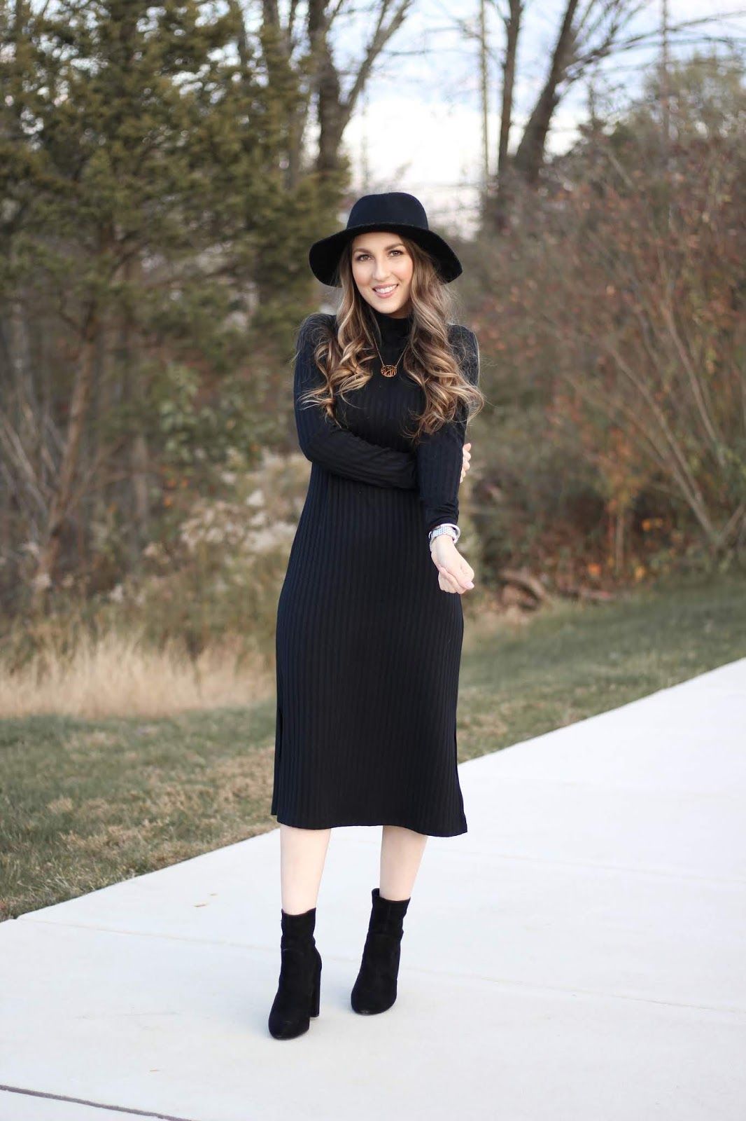 Black Ribbed Knit Midi Dress with Wide-Brimmed Hat Black Ribbed Knit Midi Dress with Wide-Brimmed Hat — Little Black Dress Outfits 2027
