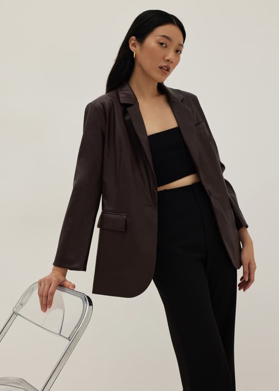 Dark Brown Faux Leather Blazer for an Edgy Corporate Look — Corporate Baddie Outfits 2027