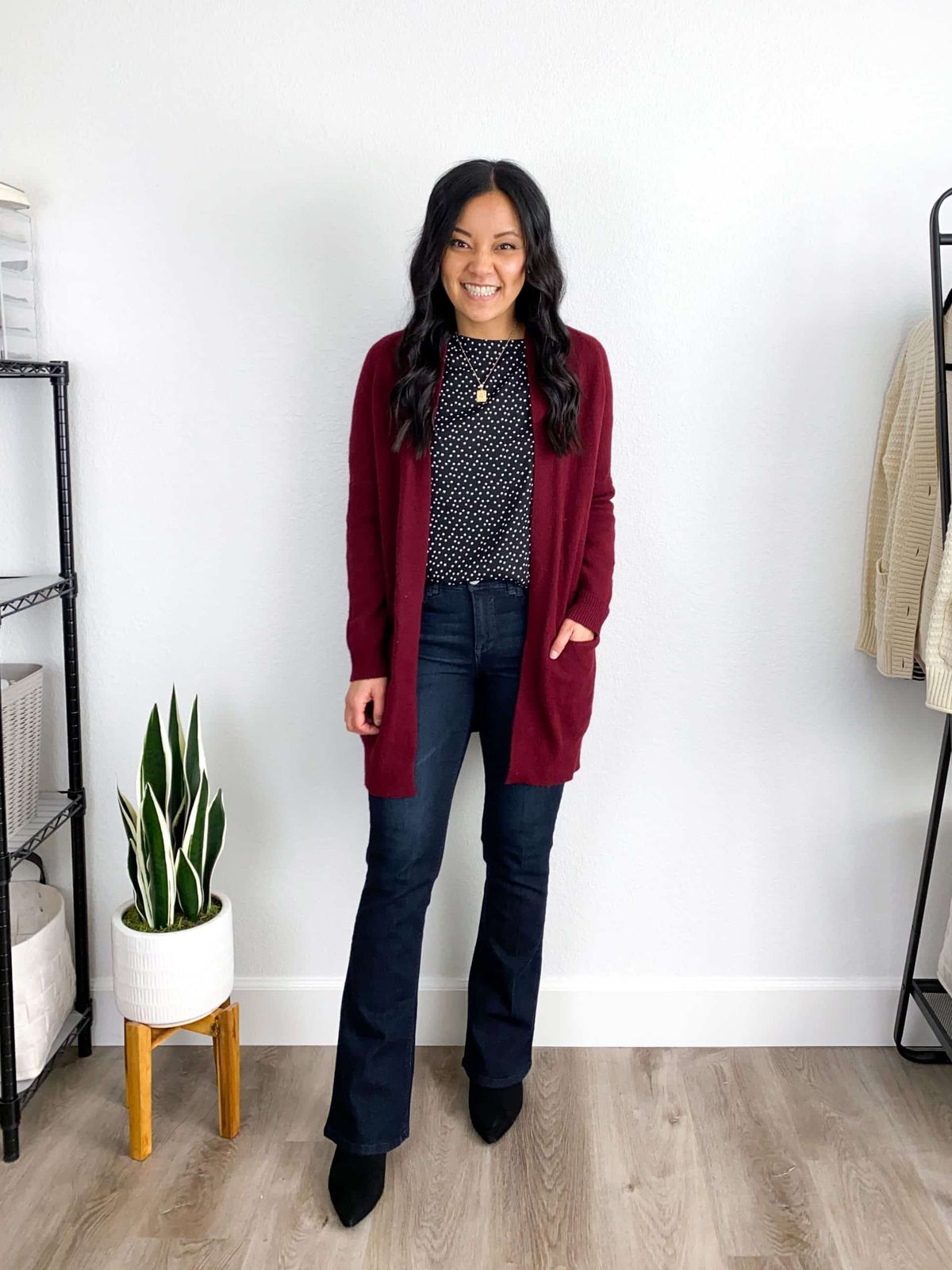 Burgundy Cardigan with Polka Dot Top and Bootcut Jeans Burgundy Cardigan with Polka Dot Top and Bootcut Jeans — Bootcut Jeans Outfits 2027 with Heels