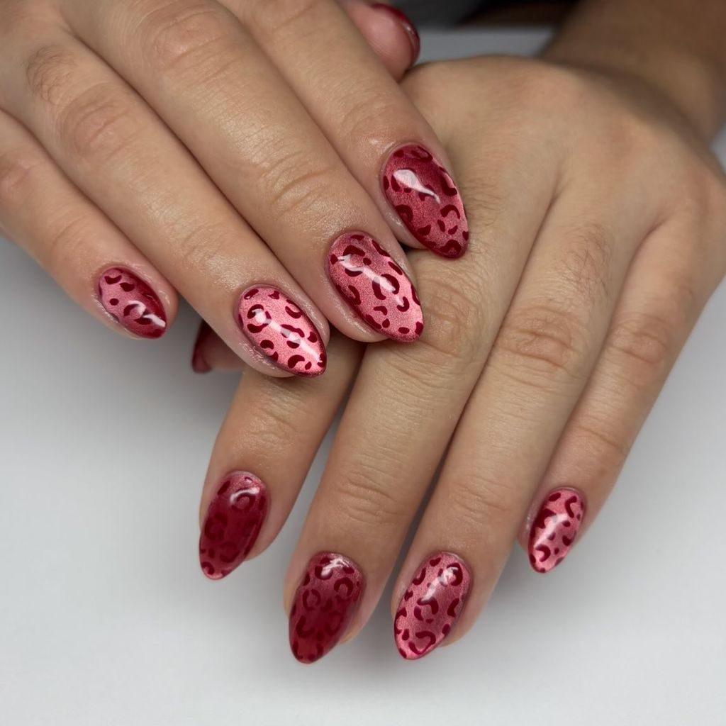 Metallic Deep Red Leopard Print Medium Ovals Metallic Deep Red Leopard Print Medium Ovals — Date Night Nails 2027
