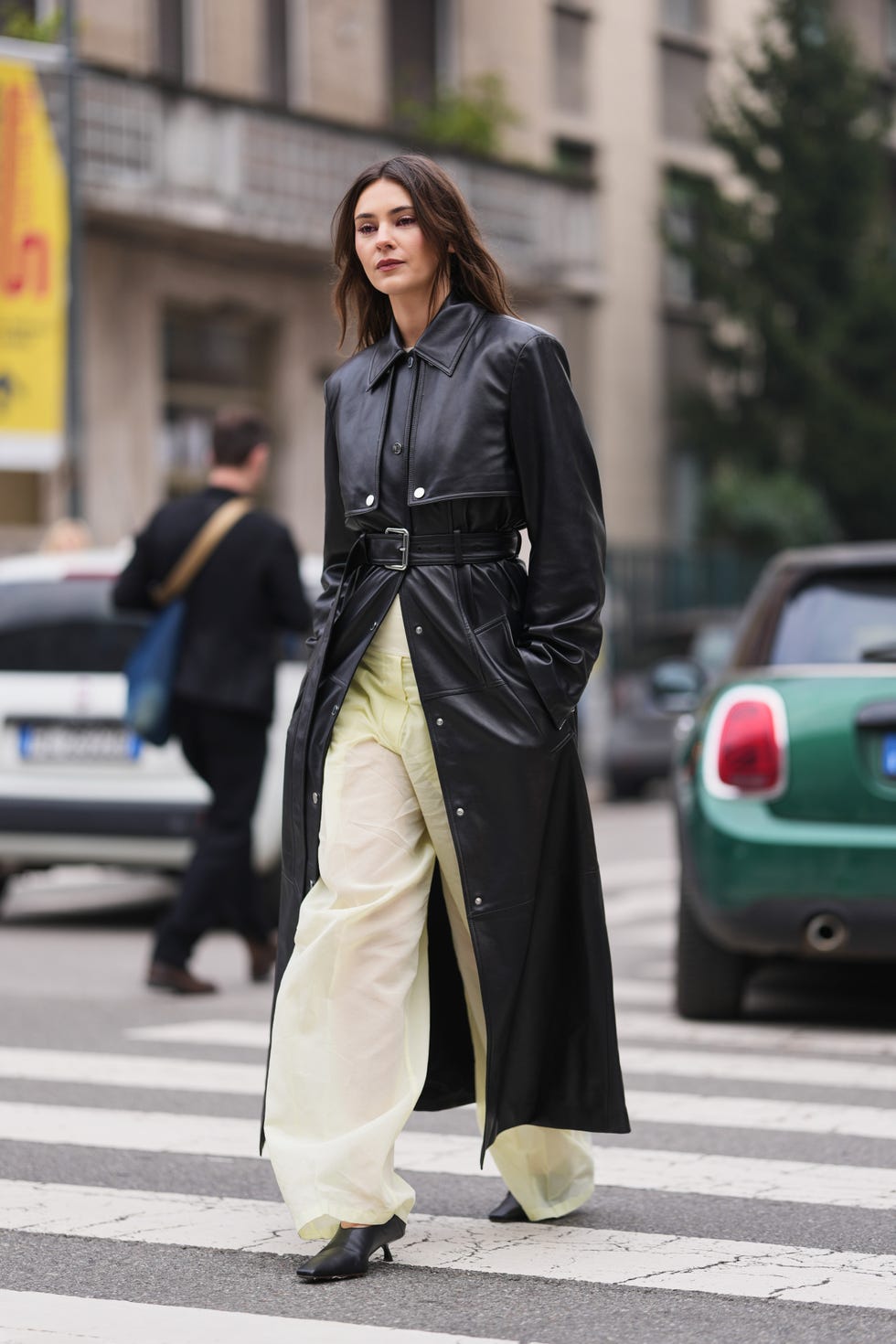 Sleek Black Leather Trench Coat with Sheer Trousers Sleek Black Leather Trench Coat with Sheer Trousers — Downtown Girl Outfits 2027