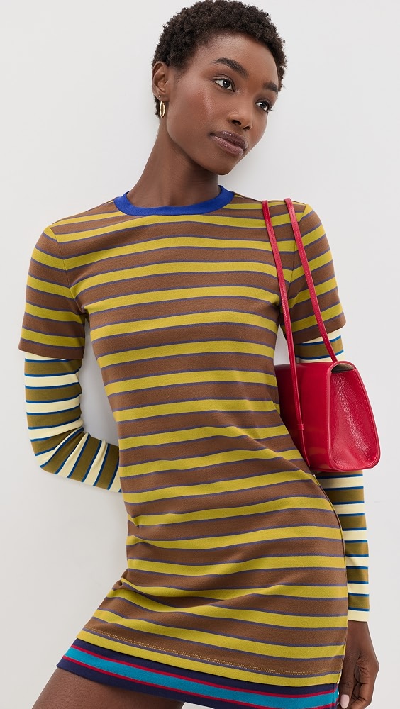 Casual Mini Dress with Multi-Striped Sleeves and Red Handbag Casual Mini Dress with Multi-Striped Sleeves and Red Handbag — Striped Dresses 2027