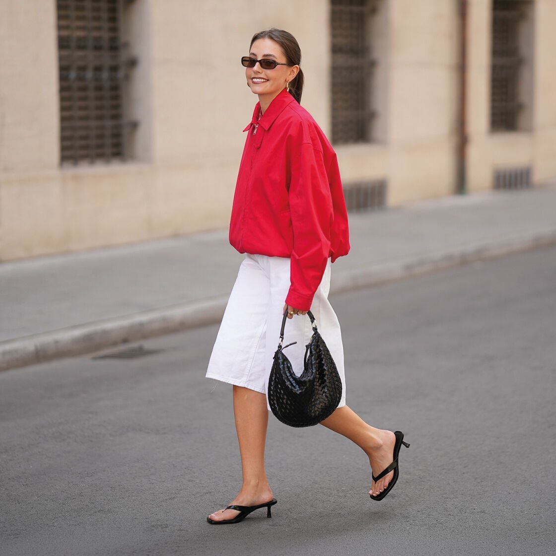 Vibrant Red Oversized Shirt Jacket with White Midi Skirt — Outfit Trends 2027