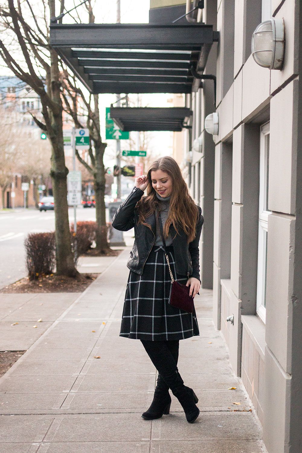 Black Leather Jacket And Plaid Wool Midi Skirt Black Leather Jacket And Plaid Wool Midi Skirt — Winter Dinner Outfits 2027