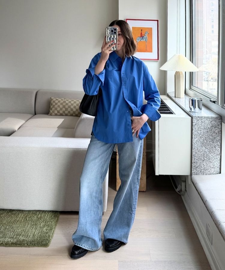 Bold Blue Shirt Paired with Light Wash Wide-Leg Jeans — Casual Outfits 2027 for Skinny Girls