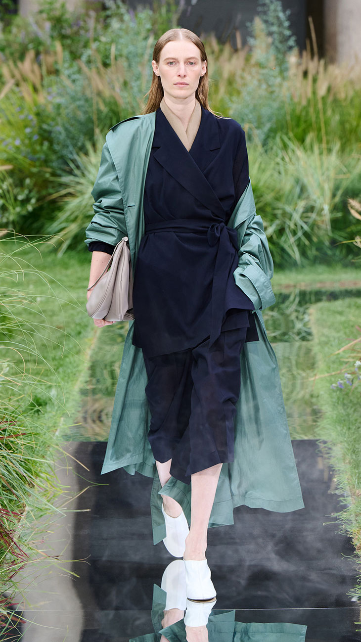 Layered Sage Green Trench and Navy Wrap Jacket for Work — Spring Outfits 2027 for Work