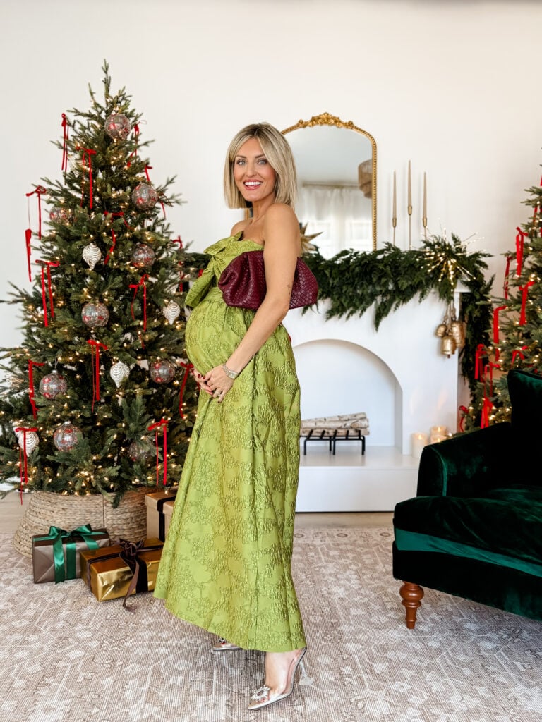Christmas Lime Green Textured Gown with Burgundy Bow Detail — Green Christmas Outfits 2026