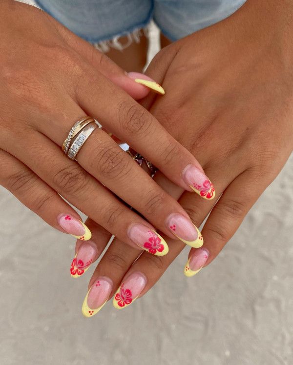 Glossy Pink Red Hibiscus Yellow French Medium Almond Glossy Pink Red Hibiscus Yellow French Medium Almond — Hibiscus Flower Nails 2027