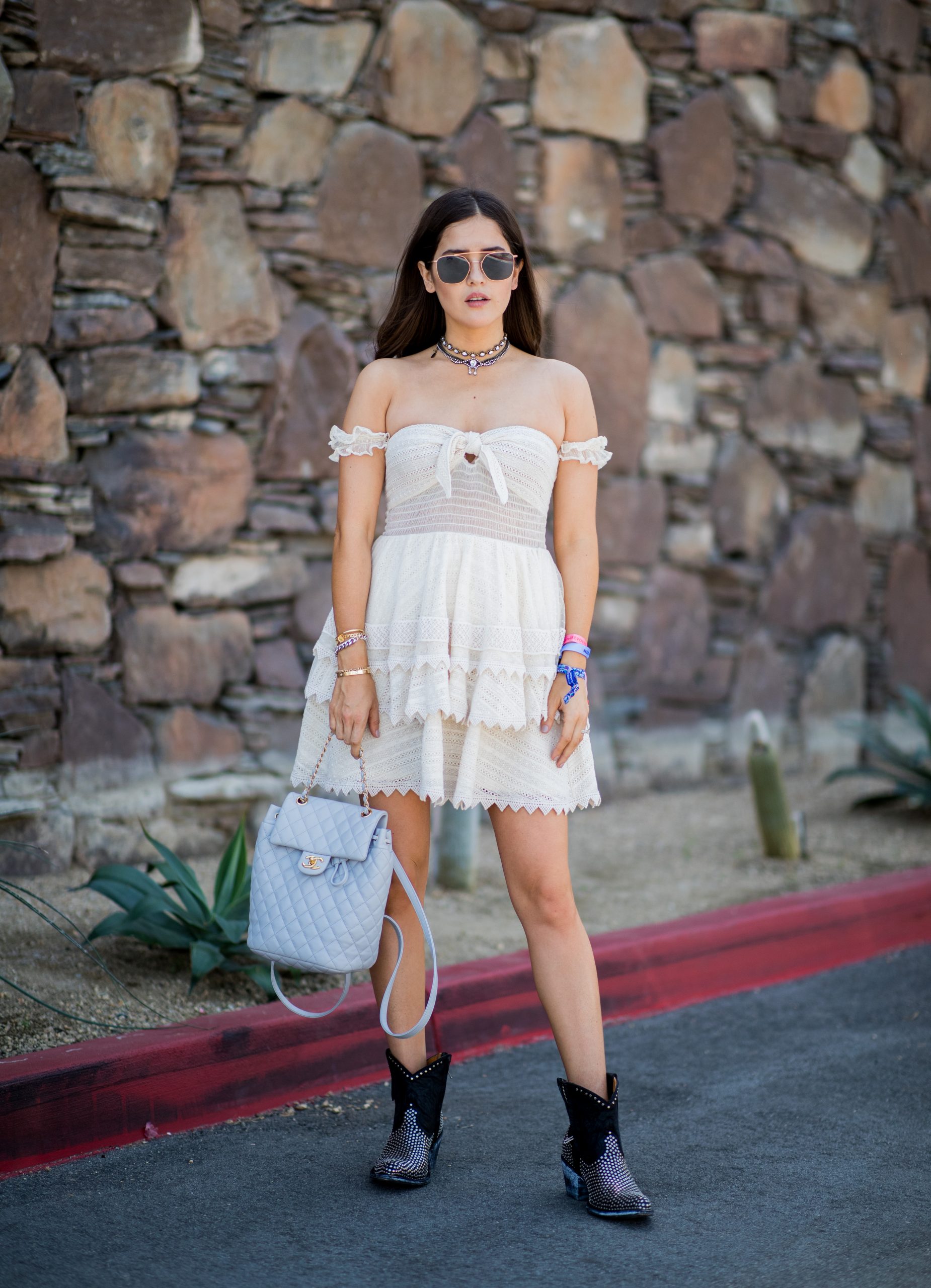 White Off-the-Shoulder Dress with Studded Cowboy Boots White Off-the-Shoulder Dress with Studded Cowboy Boots — Coachella Outfits 2027