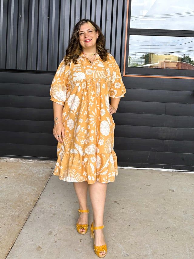 Orange White Floral Print Midi Dress with Puff Sleeves Orange White Floral Print Midi Dress with Puff Sleeves — Baby Shower Dress 2027 for Guest