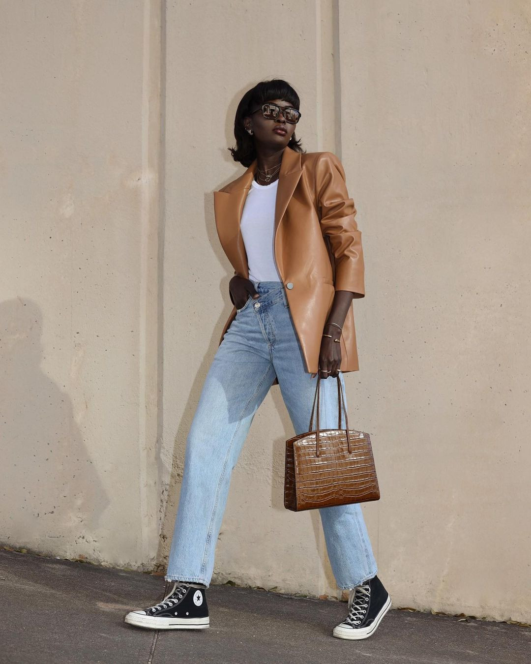 Elevated Casual: Bootcut Jeans with a Leather Blazer and Converse — Bootcut Jeans Outfits 2027 with Converse