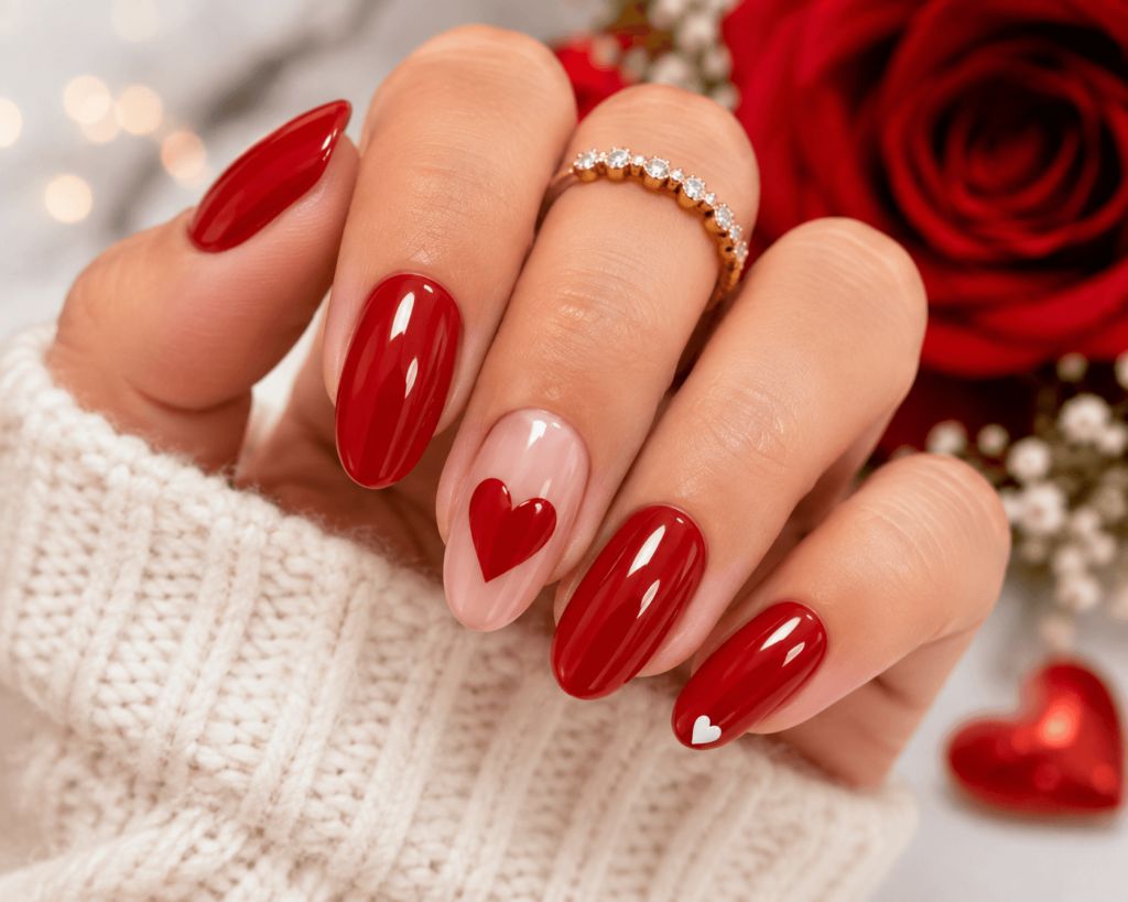 Deep Red Sheer Nude Heart Accent Deep Red Sheer Nude Heart Accent — Anniversary Nails 2027