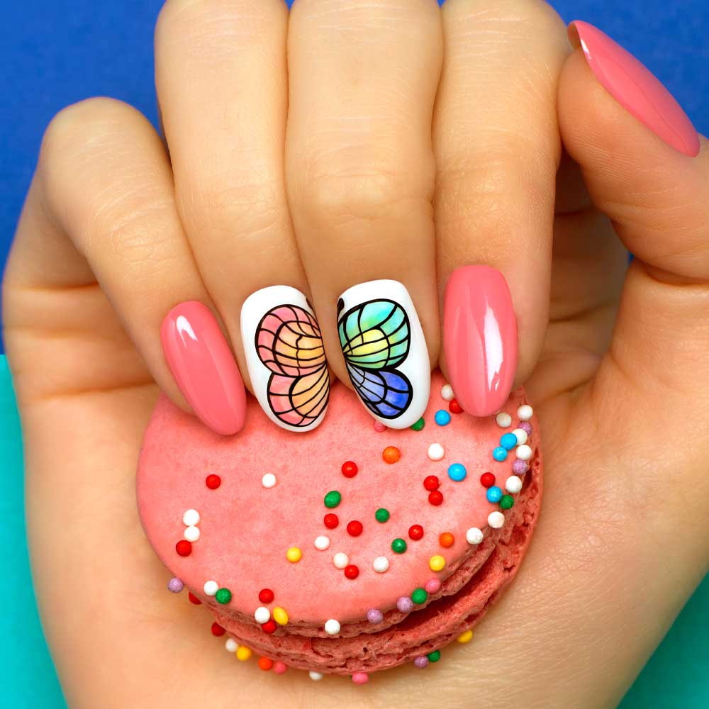 Glossy Pink Colorful Butterfly Art Glossy Pink Colorful Butterfly Art — Short Butterfly Round Nails 2027
