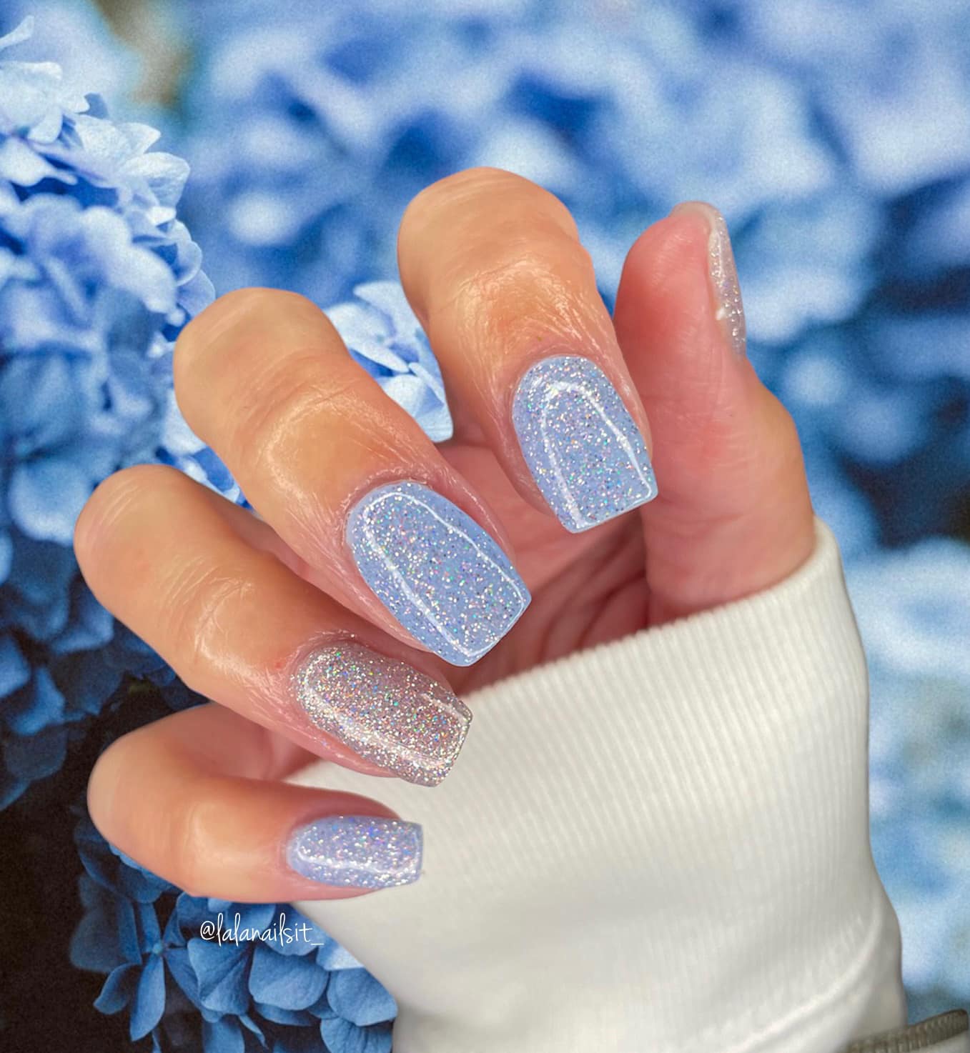 Light Blue Glitter Accent Square Nails — Winter Dip Nails 2027