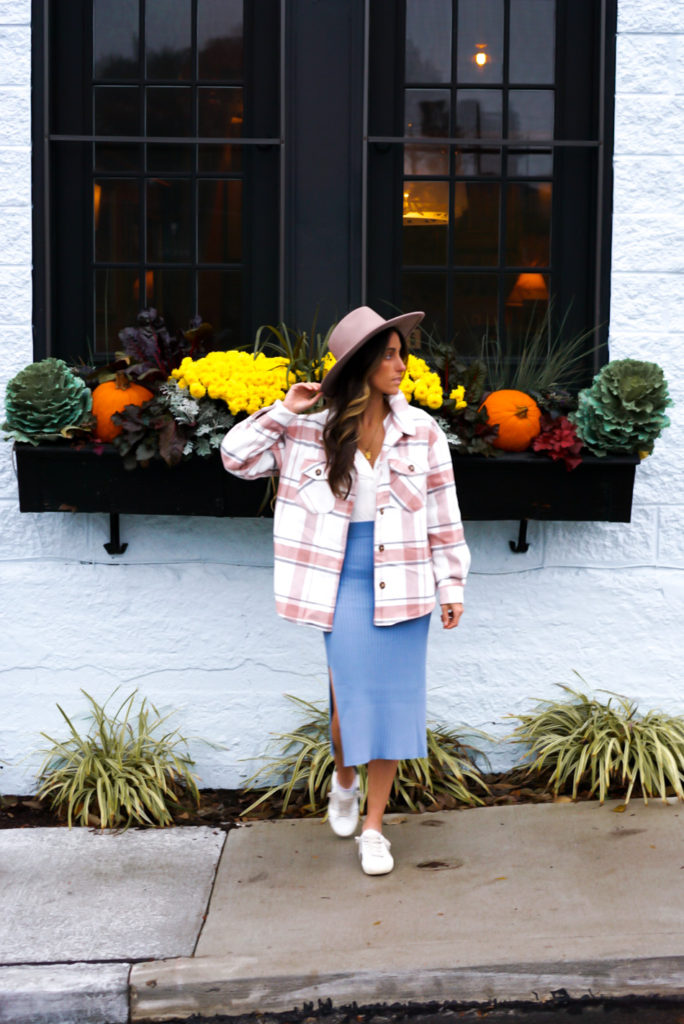 Playful Pink Plaid Shacket with Midi Skirt and Fedora — Shacket Outfits 2027