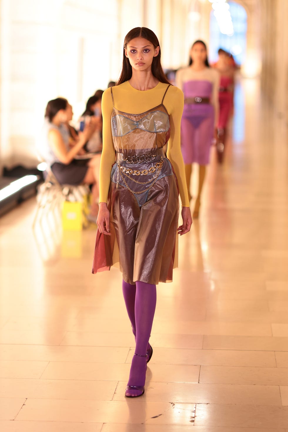 Runway Ready: Sheer Dress Over a Yellow Top Runway Ready: Sheer Dress Over a Yellow Top — Sheer Top Outfits 2027