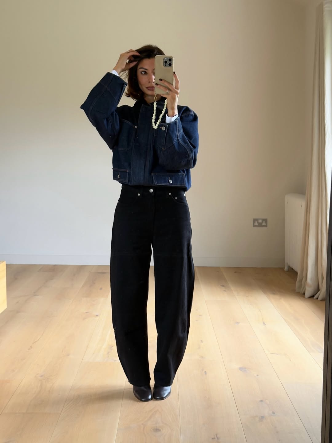 Preppy Vibes: Wide-Leg Jeans with Cropped Denim Jacket and Pearls Preppy Vibes: Wide-Leg Jeans with Cropped Denim Jacket and Pearls — Black Jeans Outfits 2027