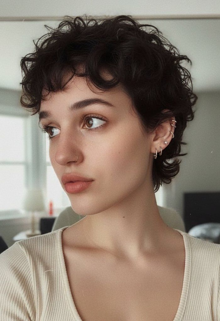 Dark Brown Pixie With Textured Bangs Dark Brown Pixie With Textured Bangs — Pixie 2027 for Curly Hair