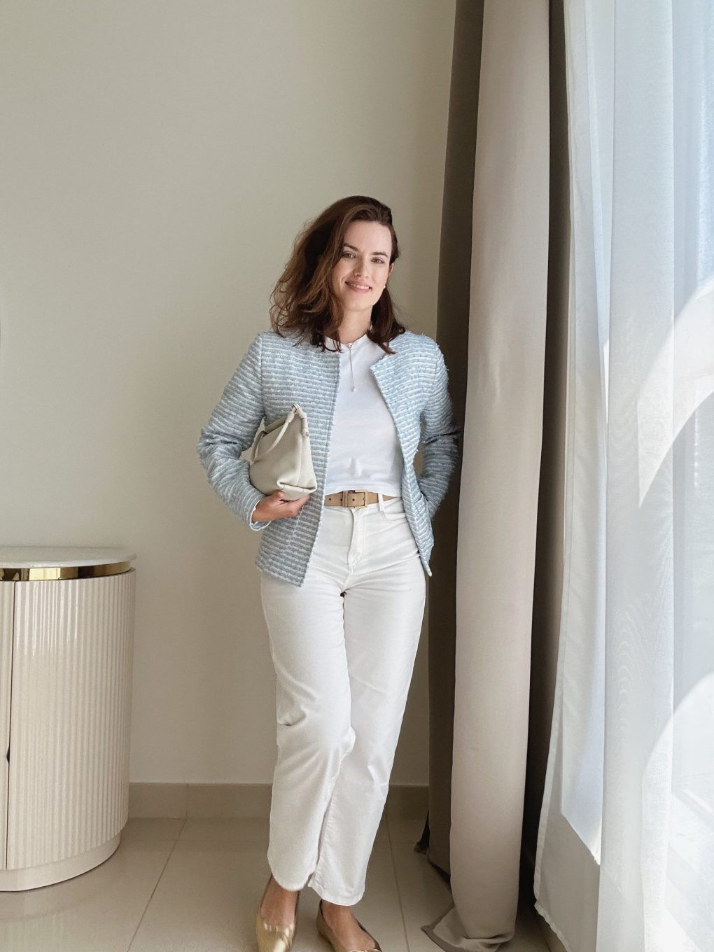 White T-shirt with Light Blue Tweed Blazer and White Trousers White T-shirt with Light Blue Tweed Blazer and White Trousers — Blouse Outfits 2027 with Blazer