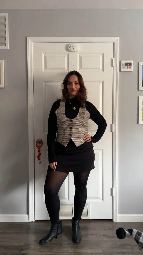 Plaid Vest with Turtleneck and Mini Skirt for Thanksgiving — Plus Size Thanksgiving Outfits 2026