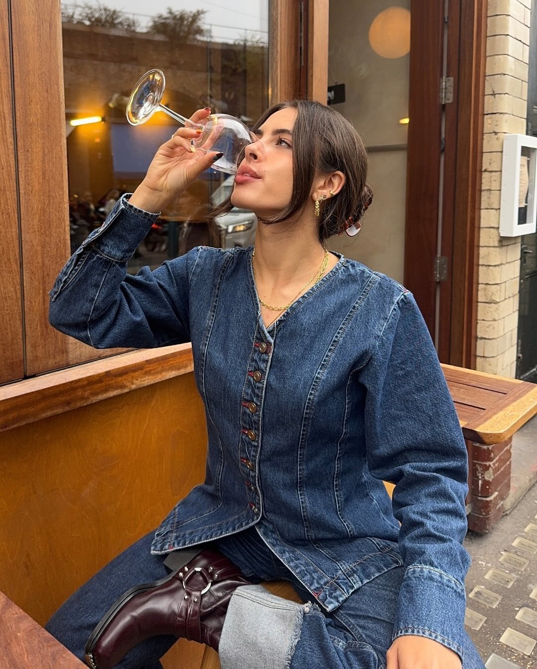 Double Denim with Burgundy Leather Boots Double Denim with Burgundy Leather Boots — Brewery Outfits 2027