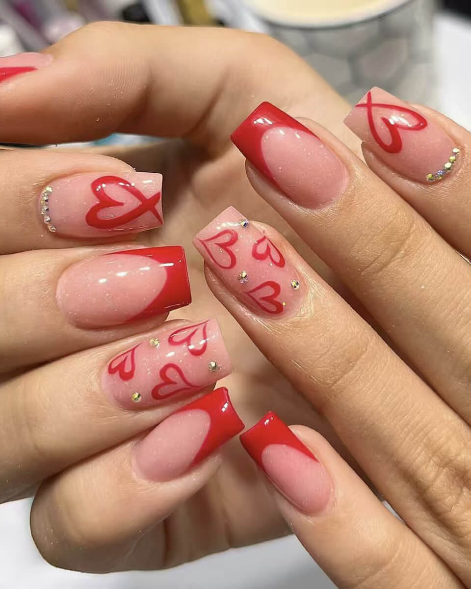 Valentine S Day Short Pink Red French Heart Rhinestone Coffin Nails Valentine S Day Short Pink Red French Heart Rhinestone Coffin Nails — Short Heart Coffin Nails 2027