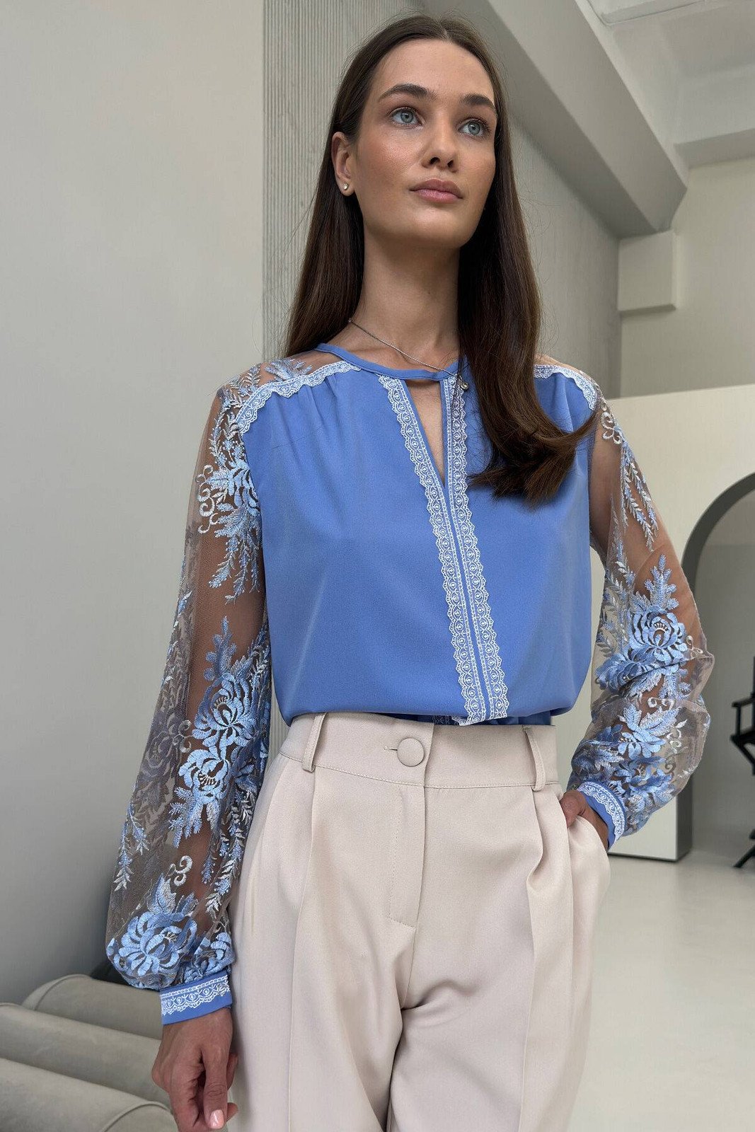Sky Blue Chiffon Blouse with Lace Details and Cream Trousers Sky Blue Chiffon Blouse with Lace Details and Cream Trousers — Chiffon Blouse Outfits 2027