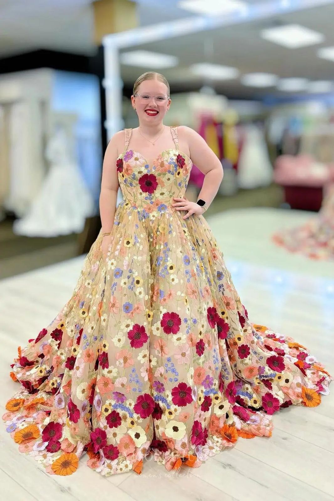 Beige Tulle Ball Gown with Multicolor Floral Embroidery — Colored Wedding Dresses 2027