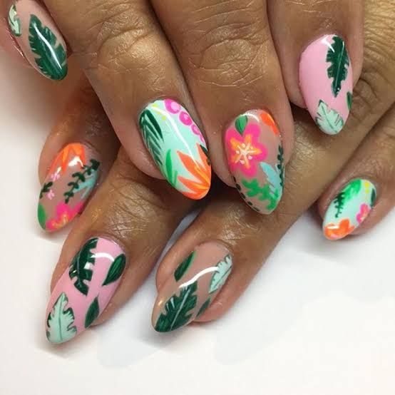 Tropical Leaf Floral Almond Nails Tropical Leaf Floral Almond Nails — Bahamas Nails 2027