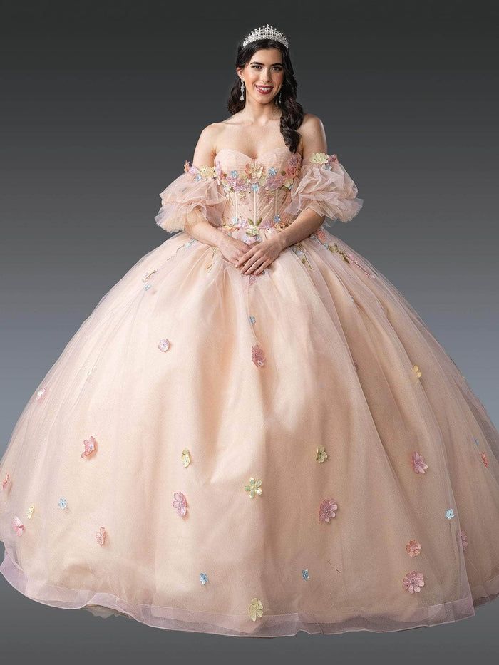 Soft Pink Ballgown with Colorful Floral Appliqués and Puff Sleeves — Champagne Quinceanera Dress 2027