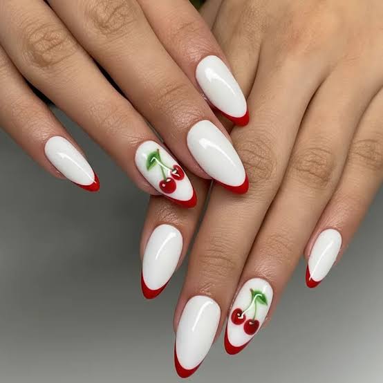 White Base with Red French and Cherry Art White Base with Red French and Cherry Art — Pink and Red Nails 2027