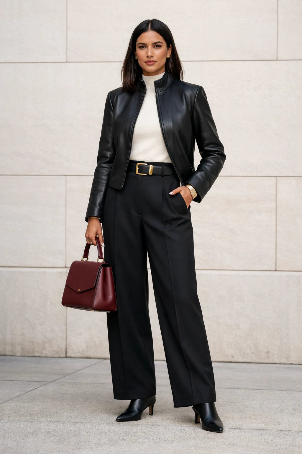 Black Leather Jacket and Wide-Leg Wool Trousers Black Leather Jacket and Wide-Leg Wool Trousers — Glamoratti Outfits 2027