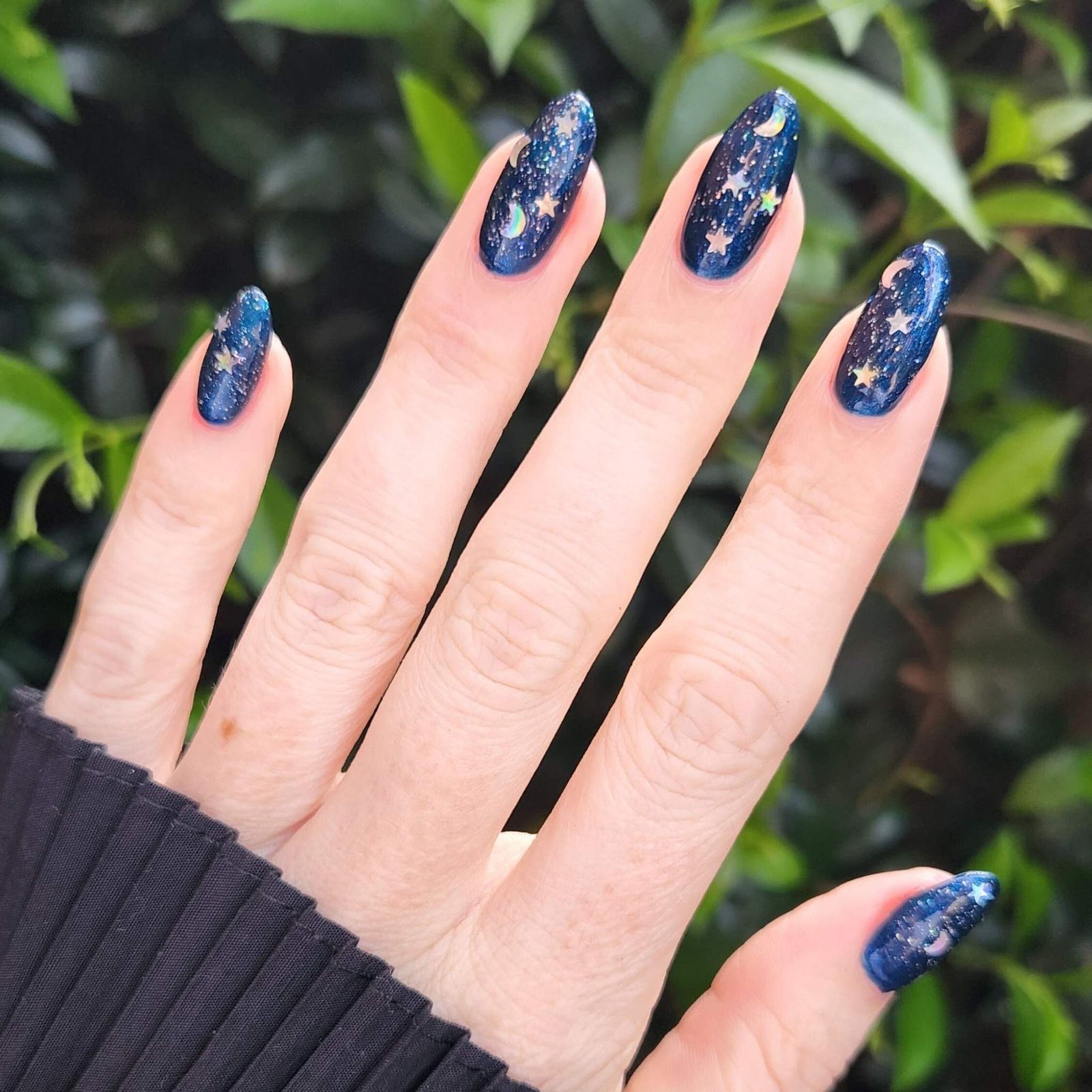 Deep Blue Night Sky with Mixed Metal Stars — Moon and Stars Nails 2027