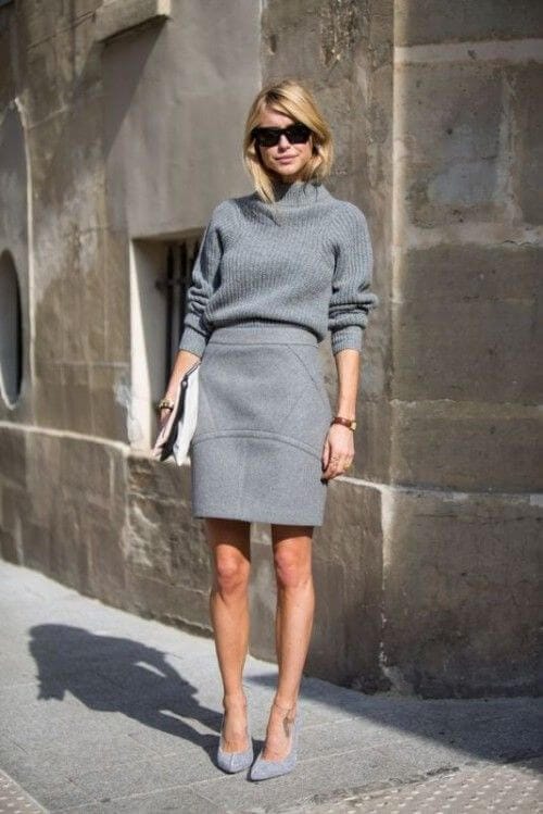 Monochromatic Grey Knit Set with Pencil Skirt Monochromatic Grey Knit Set with Pencil Skirt — Winter Office Outfits 2027