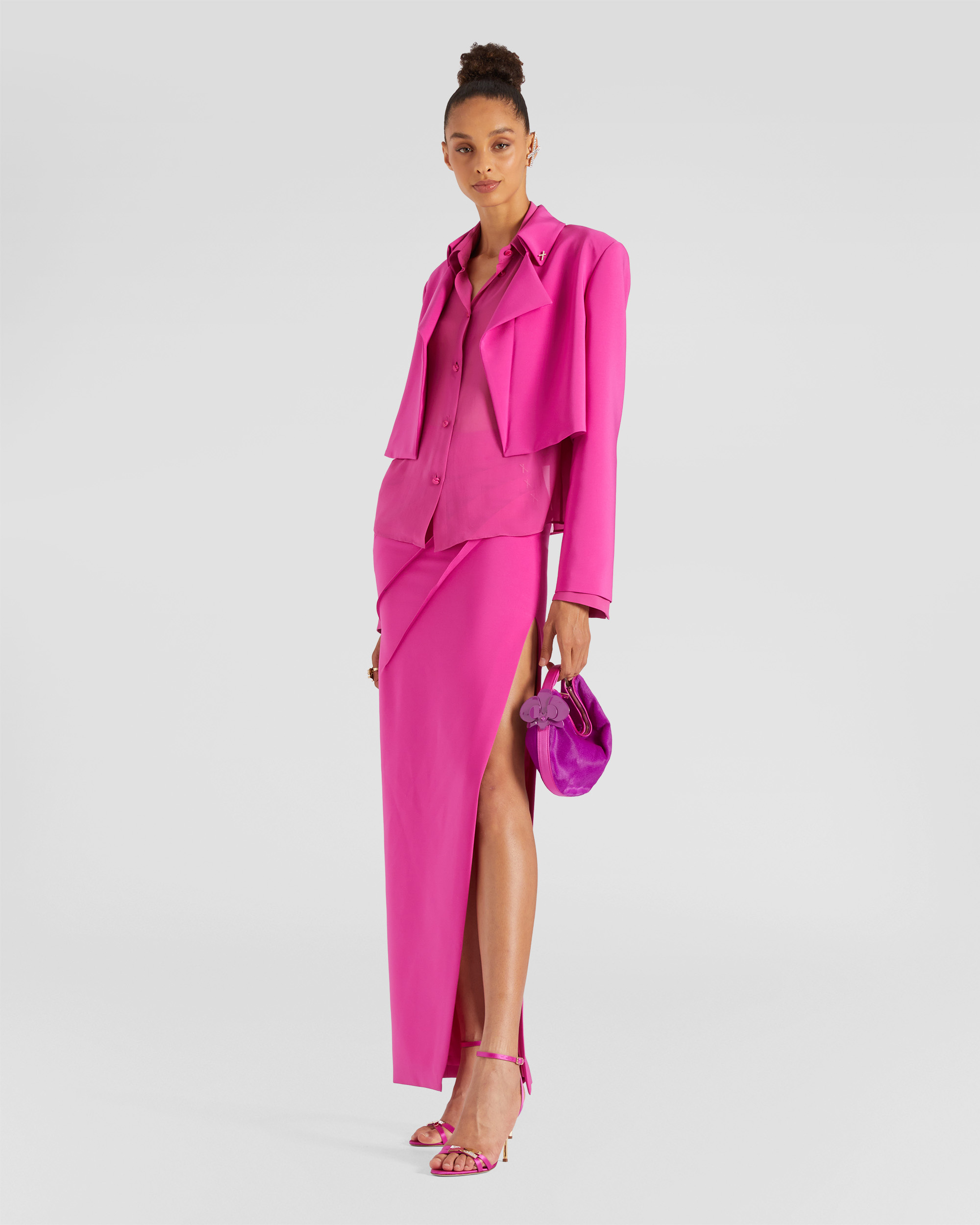 Hot Pink Satin Cropped Blazer with Maxi Skirt Hot Pink Satin Cropped Blazer with Maxi Skirt — Cropped Blazer Outfits 2027
