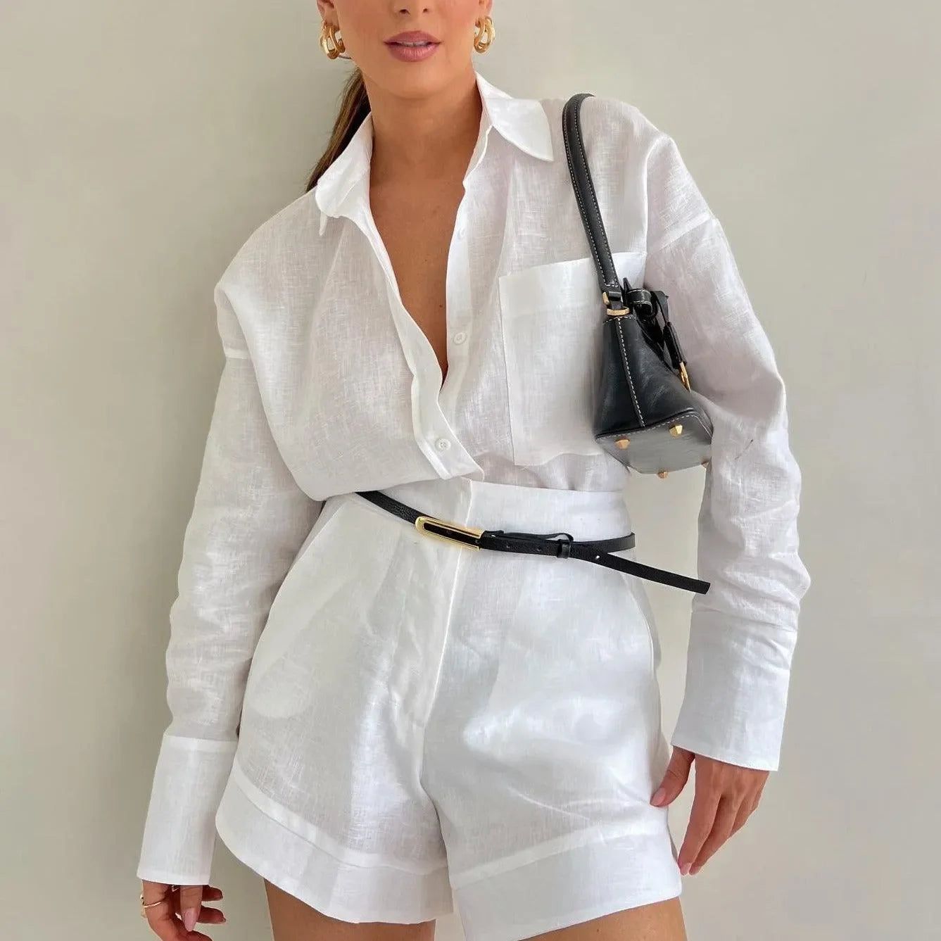 White Oversized Linen Shirt and Shorts for Resort Summer Days White Oversized Linen Shirt and Shorts for Resort Summer Days — Summer Two Piece Set Outfits 2027