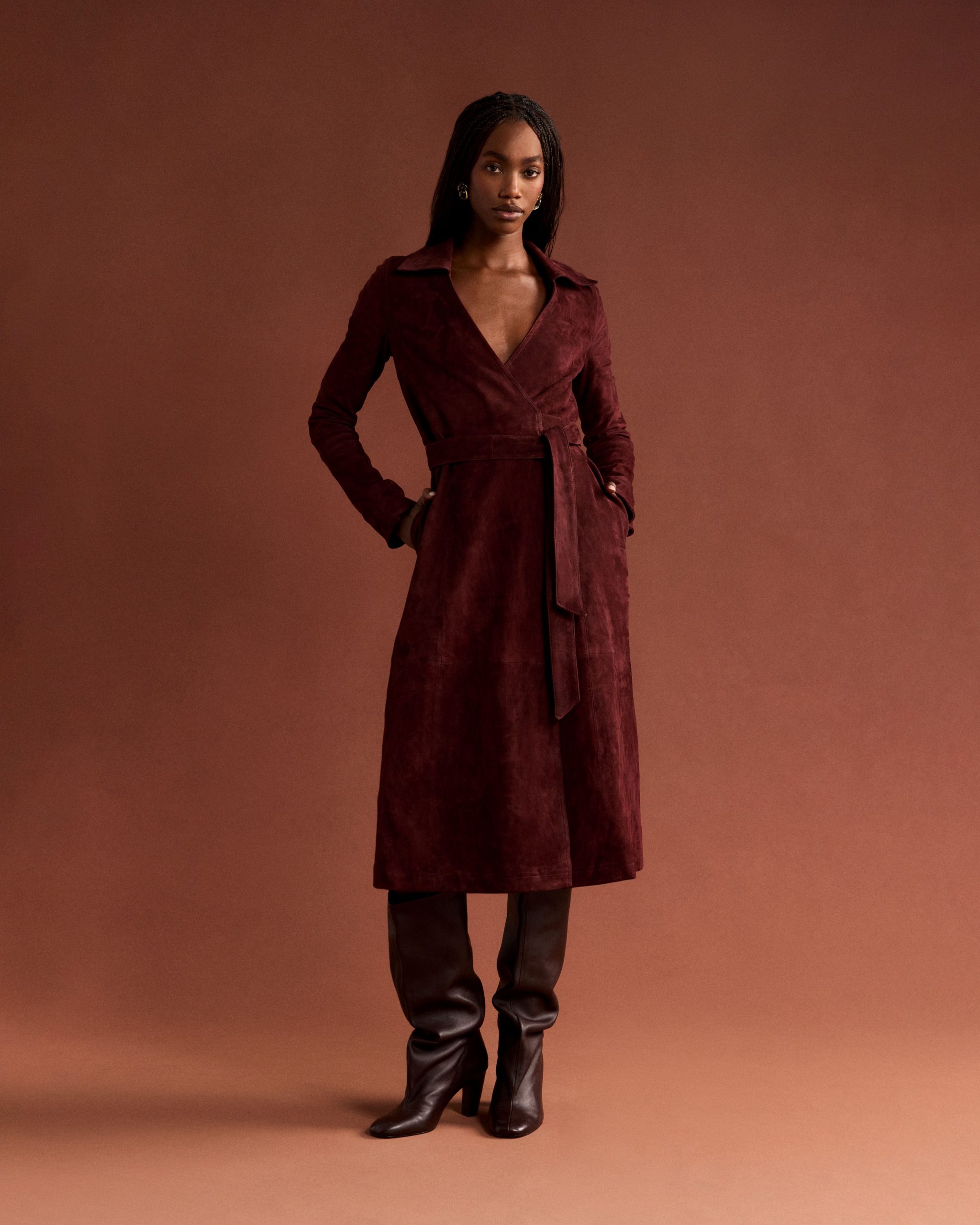 Burgundy Suede Midi Wrap Dress for Autumn Smart Casual — Wrap Dresses 2027