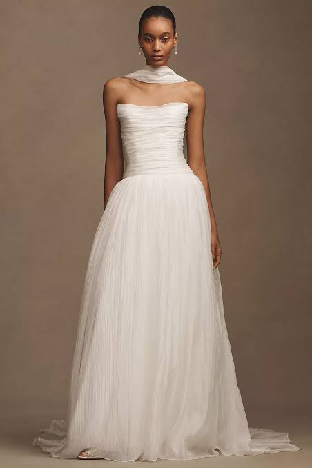 Dramatic White Strapless Dress with Pleated Voluminous Skirt — Bridal Shower Dresses 2027