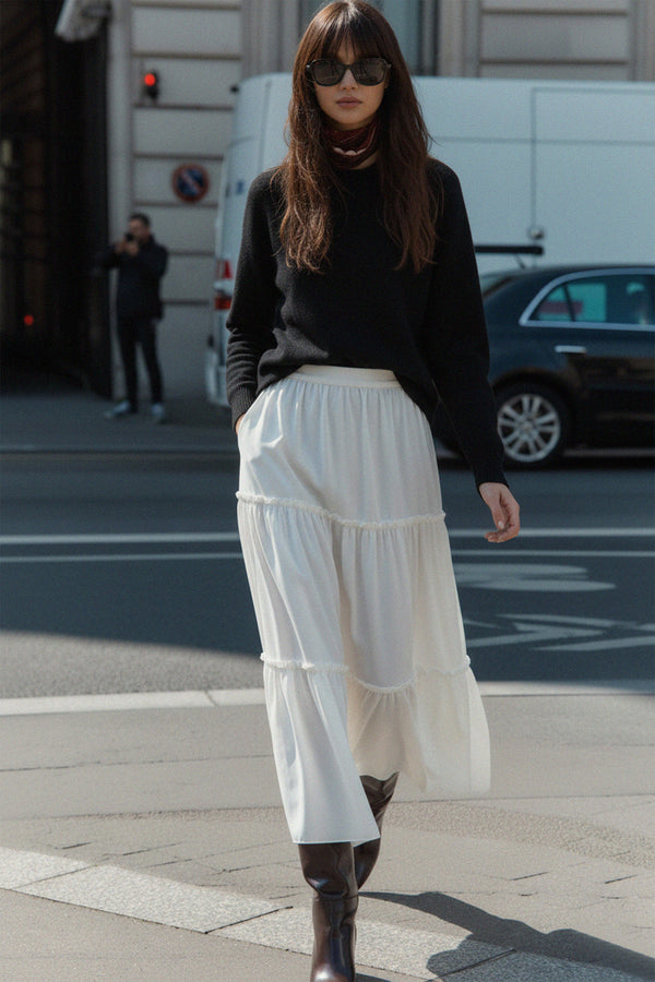 Crew Neck Sweater with White Tiered Skirt — Tiered Skirt Outfits 2027