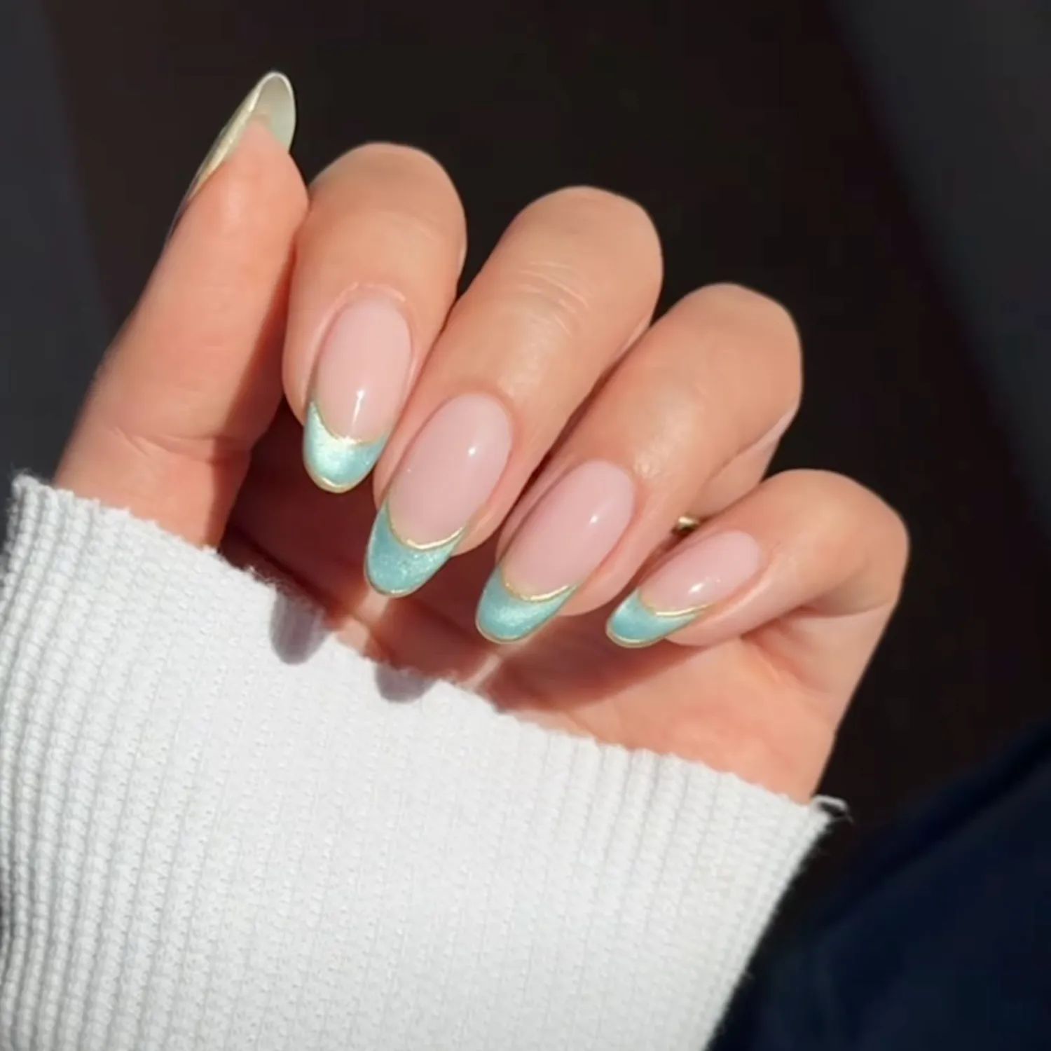 Nude French with Blue Tips and Gold Foil Nude French with Blue Tips and Gold Foil — Retail Nails 2027