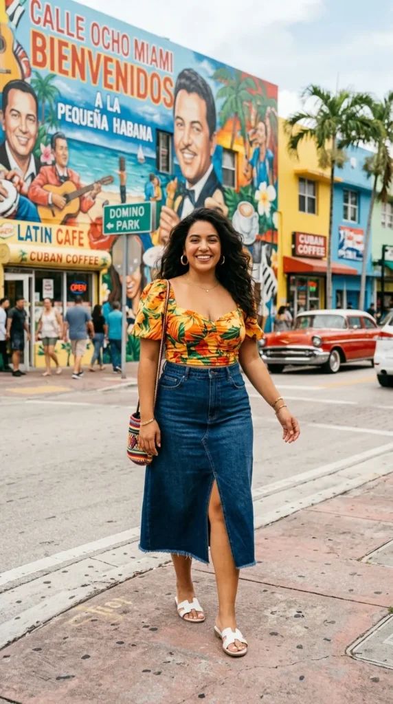 Tropical Print Top and Denim Skirt for Daytime Casual Tropical Print Top and Denim Skirt for Daytime Casual — Miami Outfits 2027