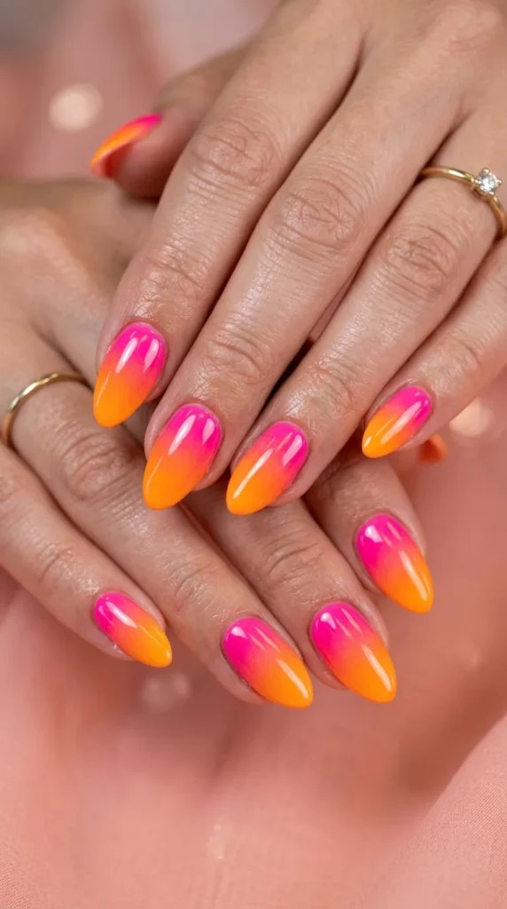 Vibrant Glossy Pink Orange Gradient Vibrant Glossy Pink Orange Gradient — Pink and Orange Sunset Nails 2027