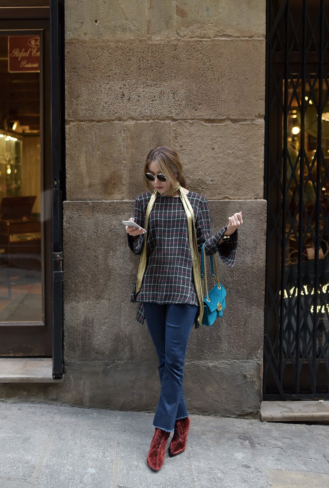 Plaid Bell-Sleeve Top and Red Velvet Boots — Barcelona Outfits 2027