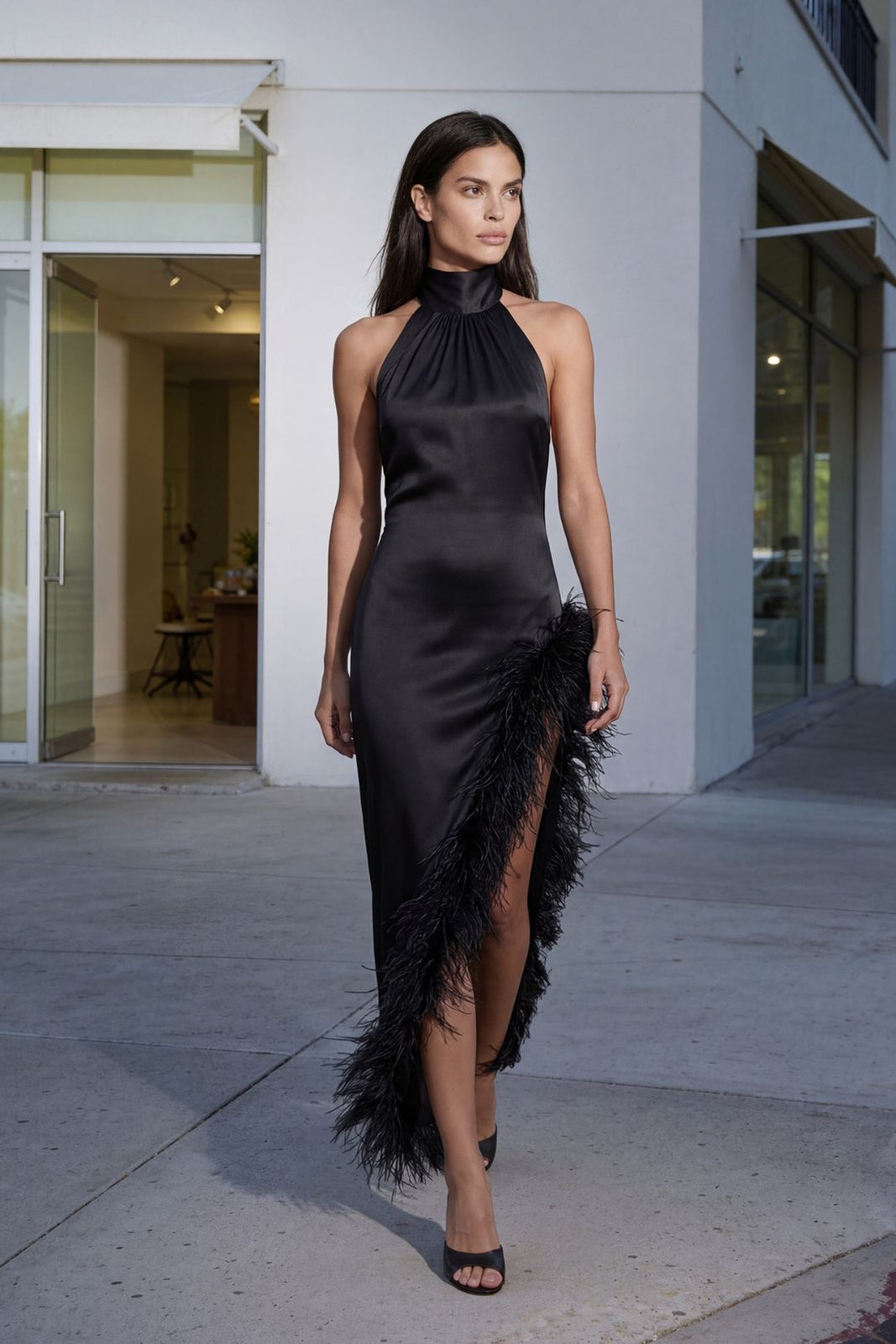 Elegant Black Silk Maxi Dress with Feather-Trimmed Slit Elegant Black Silk Maxi Dress with Feather-Trimmed Slit — Feather Outfits 2027