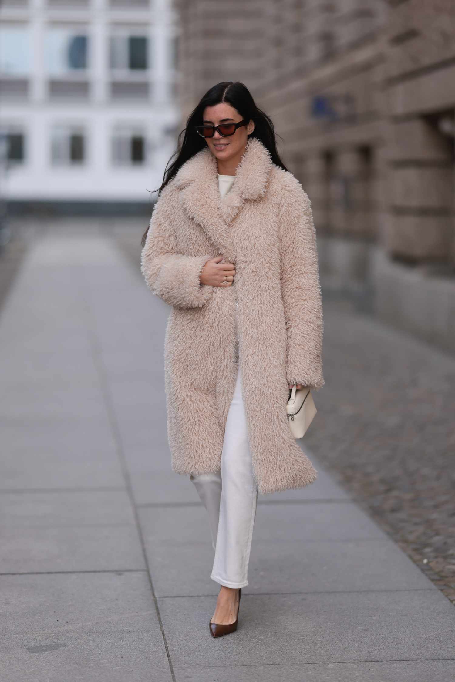 Cream Teddy Coat Over White Top and Trousers Cream Teddy Coat Over White Top and Trousers — Winter Grey Outfits 2027