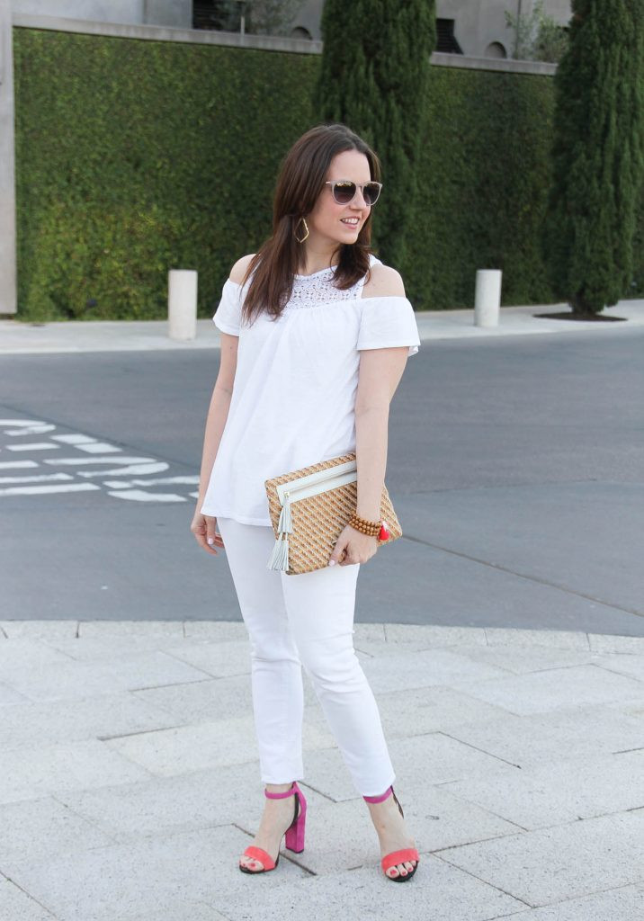 White Off-the-Shoulder Top and Jeans with Colorful Block Heels — Strappy Heels Outfits 2027