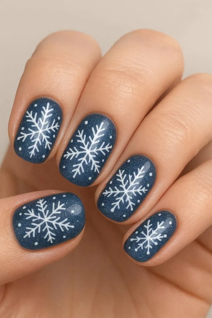 Shimmery Blue Snowflake Nails Shimmery Blue Snowflake Nails — Medium Length Winter Nails 2027